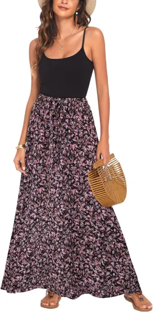 Bluetime Women Flowy Long Skirts Summer Beach Pleated Elastic High Waisted Casual Maxi Skirts