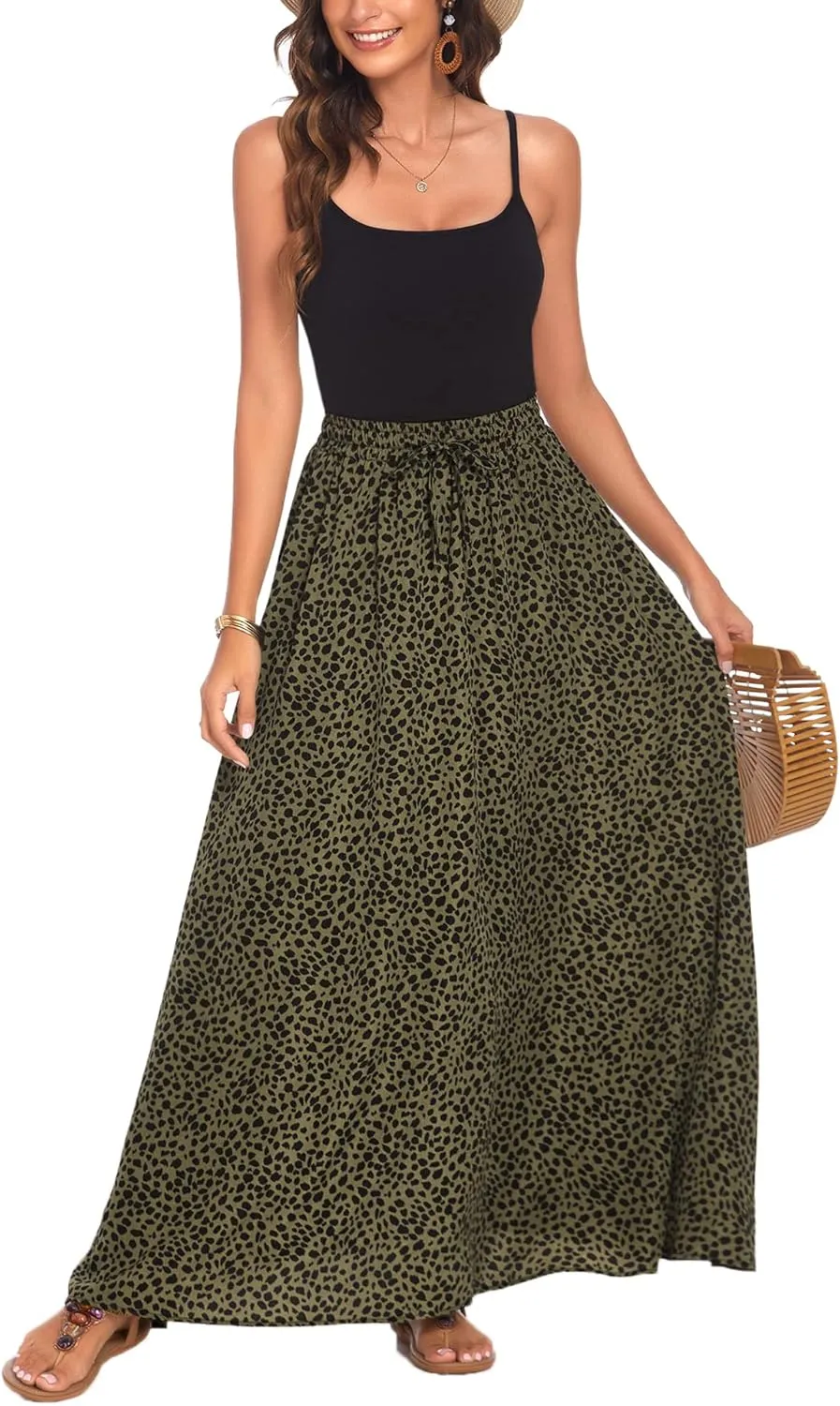 Bluetime Women Flowy Long Skirts Summer Beach Pleated Elastic High Waisted Casual Maxi Skirts