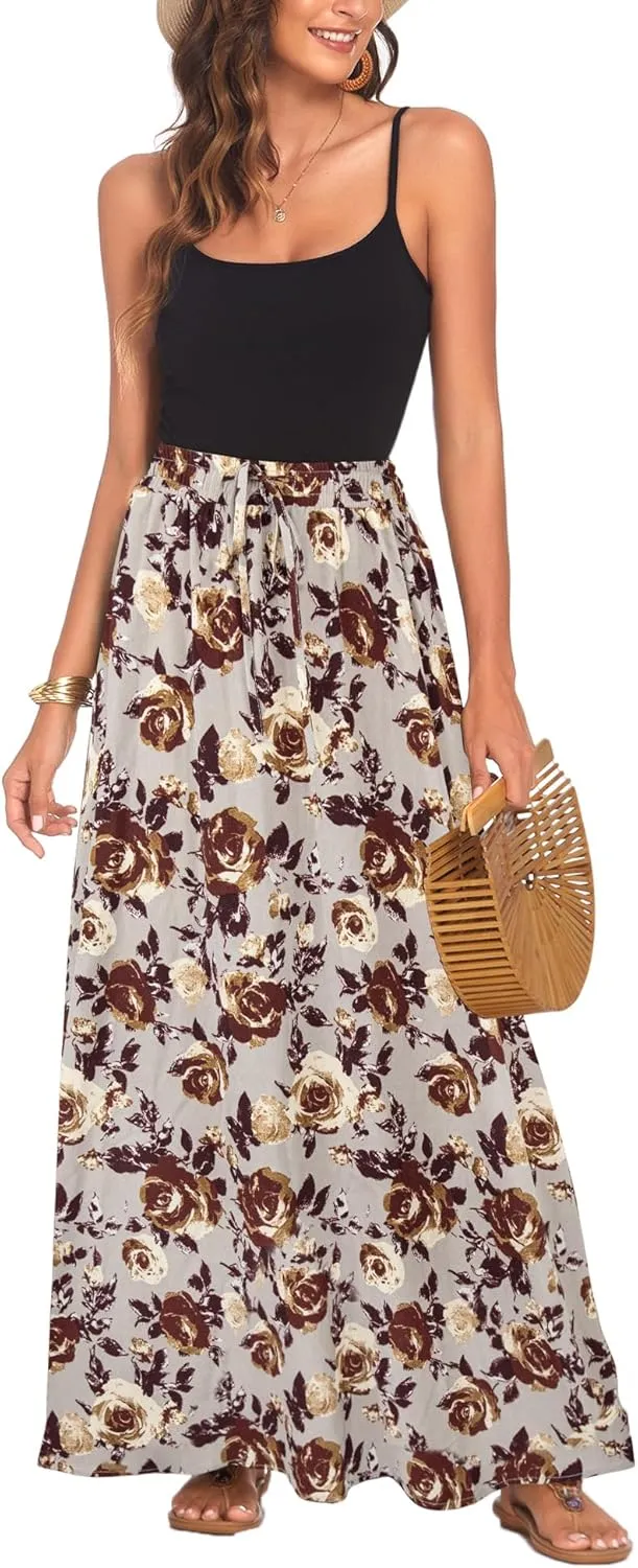 Bluetime Women Flowy Long Skirts Summer Beach Pleated Elastic High Waisted Casual Maxi Skirts