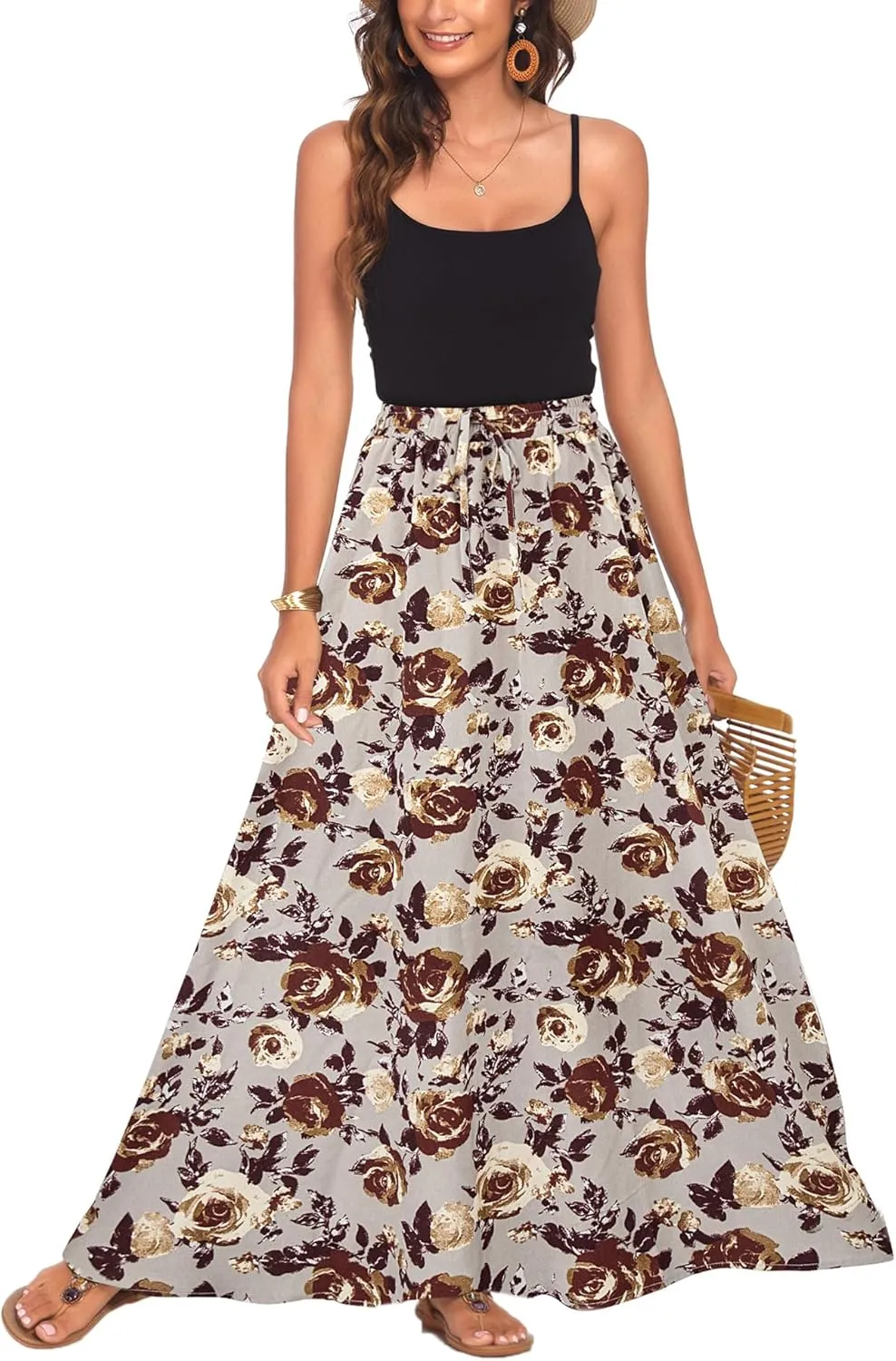 Bluetime Women Flowy Long Skirts Summer Beach Pleated Elastic High Waisted Casual Maxi Skirts
