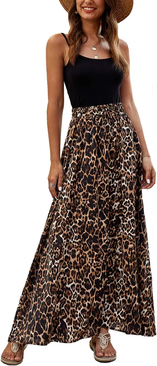 Bluetime Women Flowy Long Skirts Summer Beach Pleated Elastic High Waisted Casual Maxi Skirts
