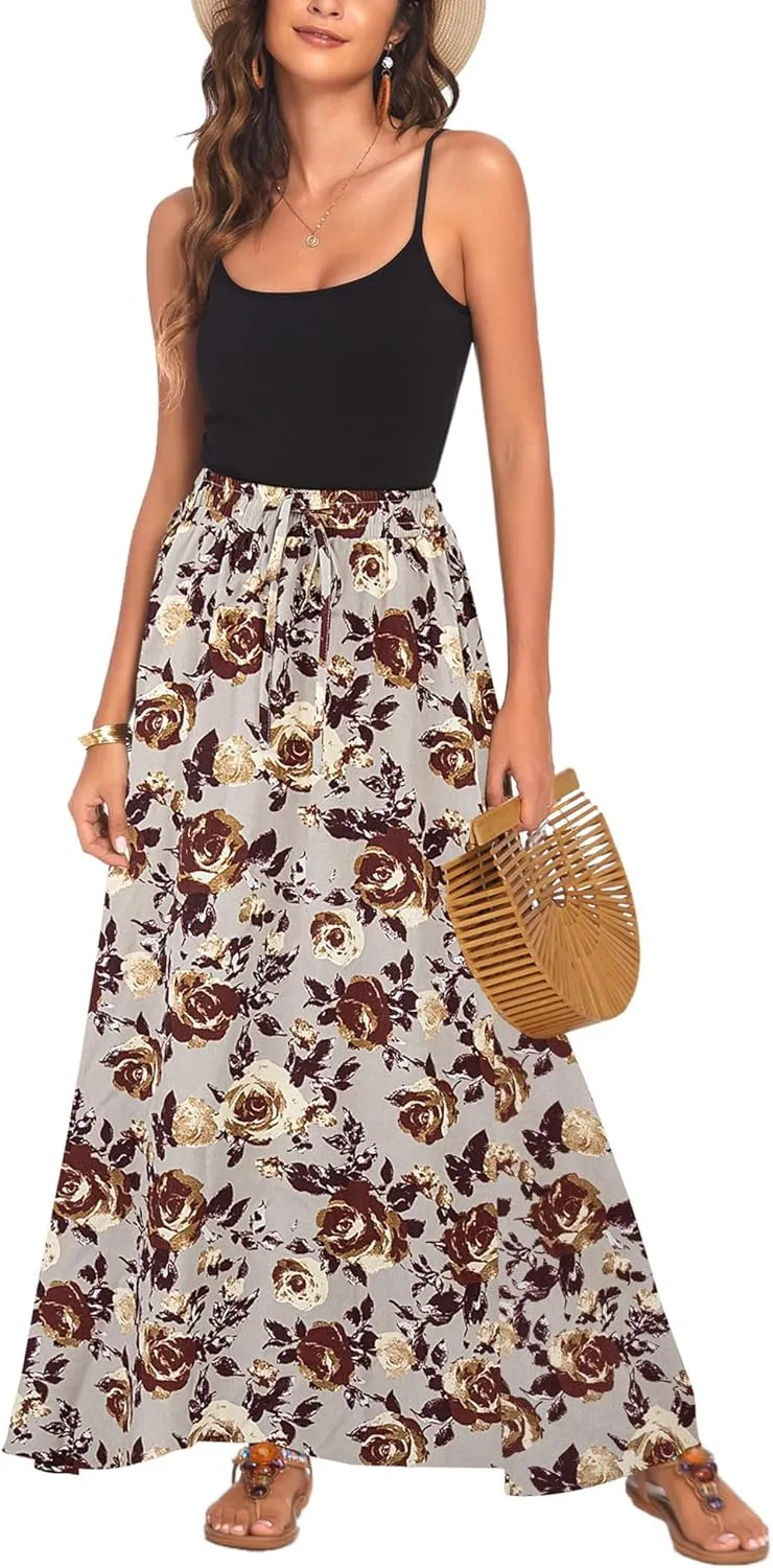 Bluetime Women Flowy Long Skirts Summer Beach Pleated Elastic High Waisted Casual Maxi Skirts