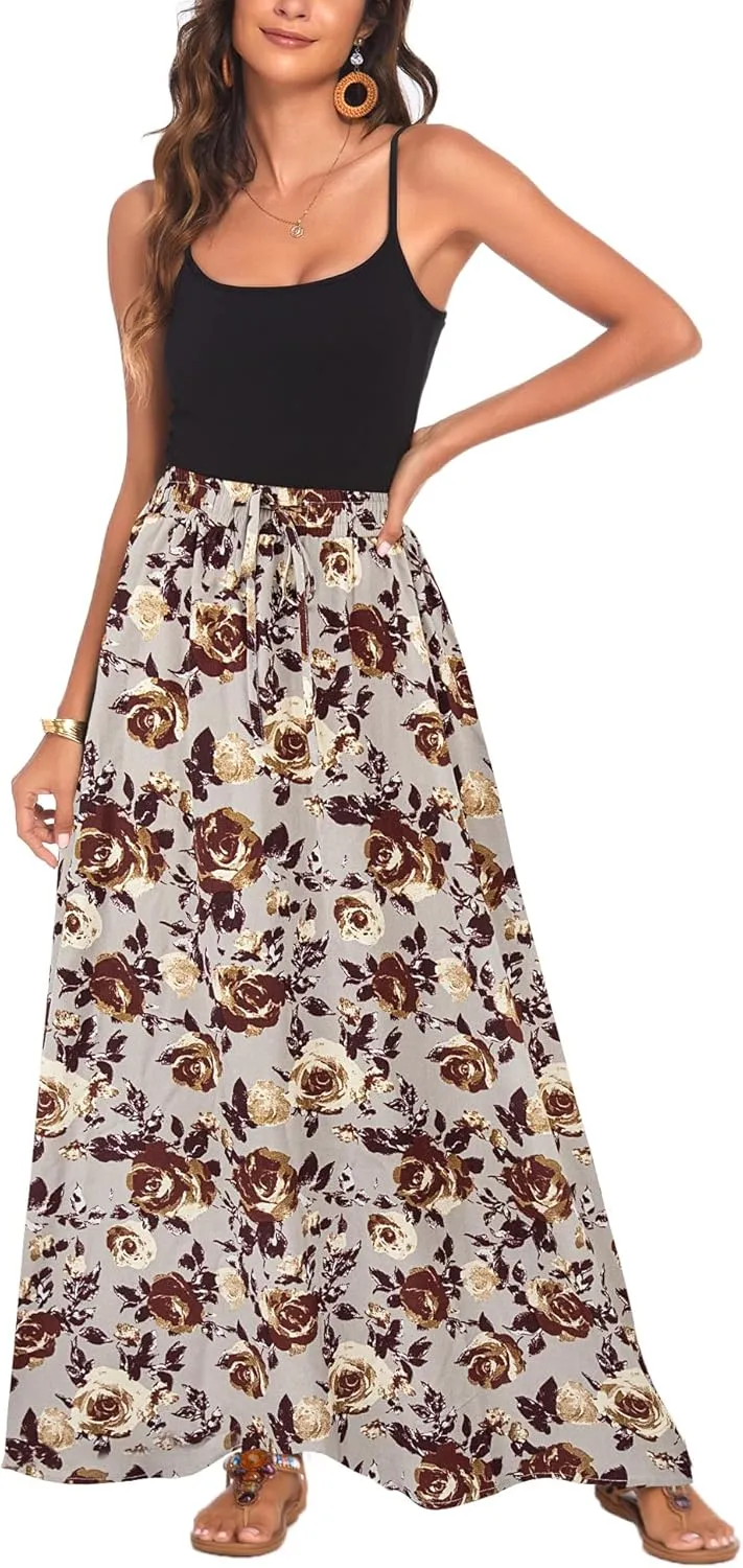 Bluetime Women Flowy Long Skirts Summer Beach Pleated Elastic High Waisted Casual Maxi Skirts