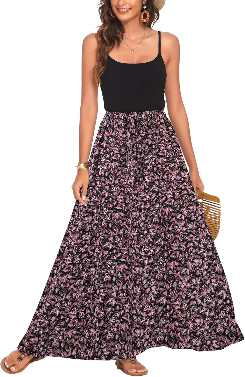 Bluetime Women Flowy Long Skirts Summer Beach Pleated Elastic High Waisted Casual Maxi Skirts