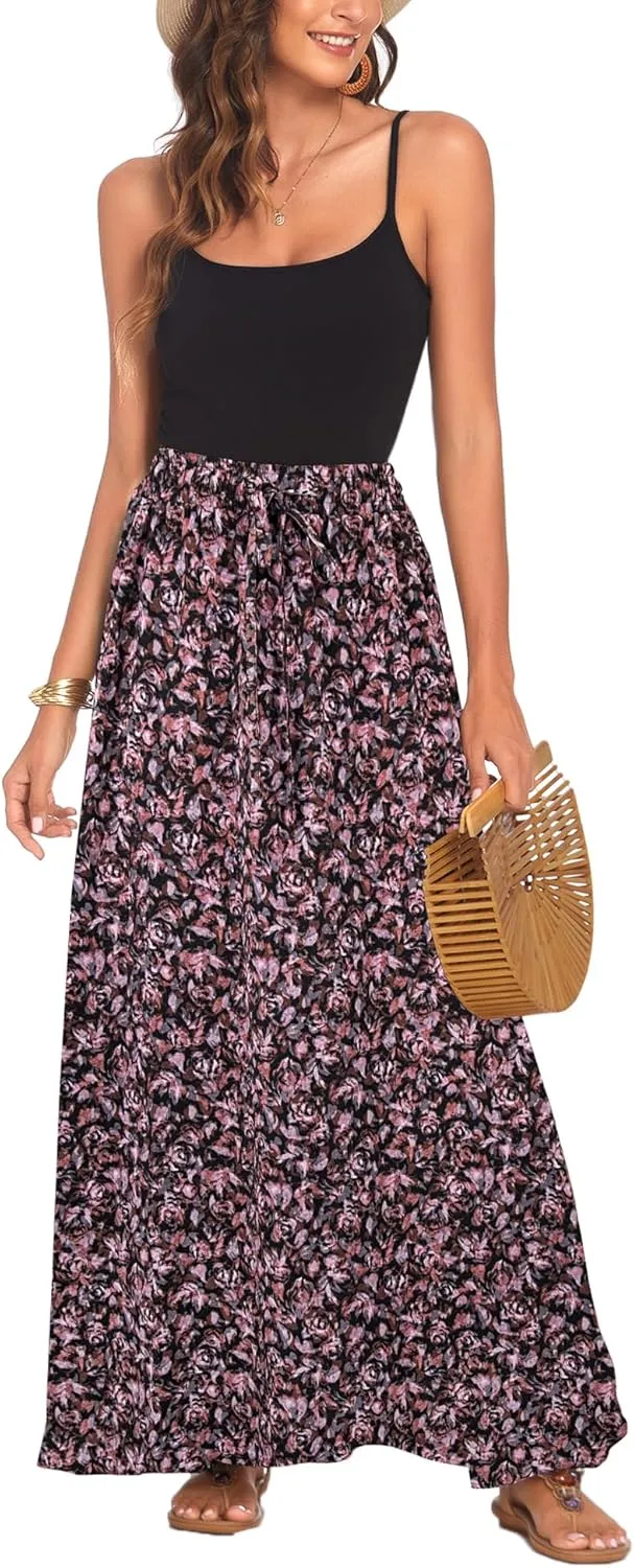 Bluetime Women Flowy Long Skirts Summer Beach Pleated Elastic High Waisted Casual Maxi Skirts