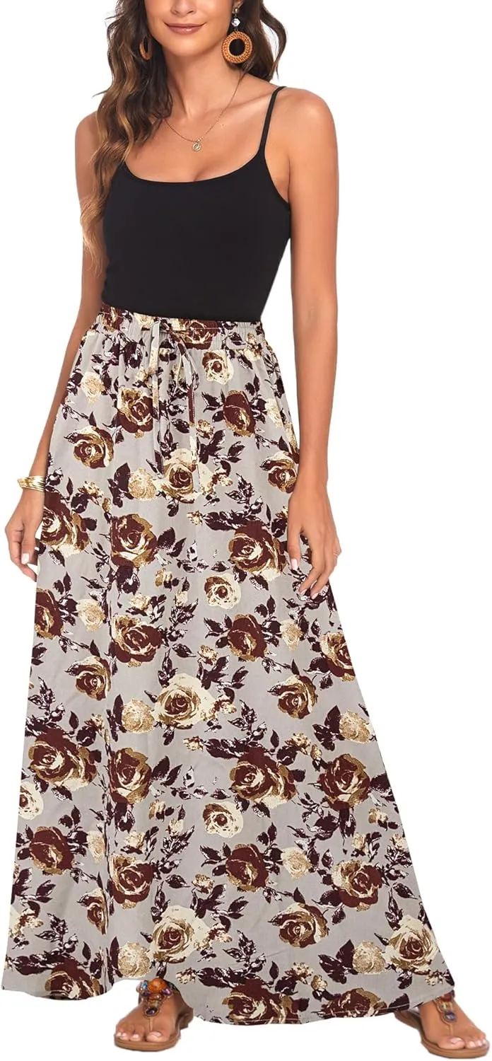Bluetime Women Flowy Long Skirts Summer Beach Pleated Elastic High Waisted Casual Maxi Skirts