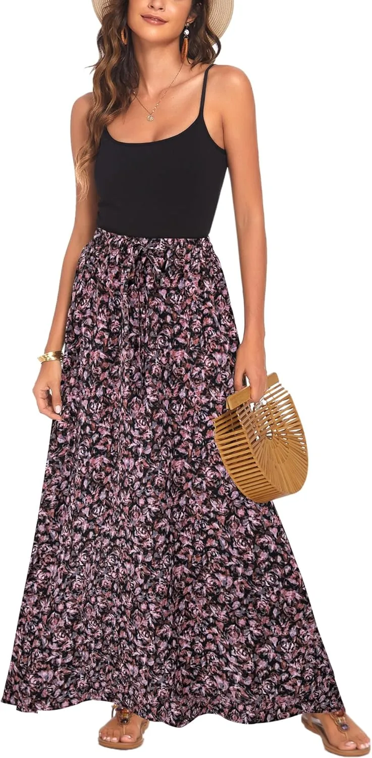 Bluetime Women Flowy Long Skirts Summer Beach Pleated Elastic High Waisted Casual Maxi Skirts