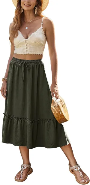 Bluetime Women Flowy Midi Skirt Summer Beach Pleated Elastic High Waisted A Line Tiered Skirt