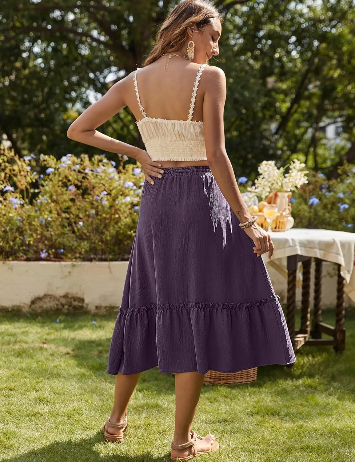 Bluetime Women Flowy Midi Skirt Summer Beach Pleated Elastic High Waisted A Line Tiered Skirt