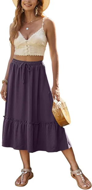 Bluetime Women Flowy Midi Skirt Summer Beach Pleated Elastic High Waisted A Line Tiered Skirt