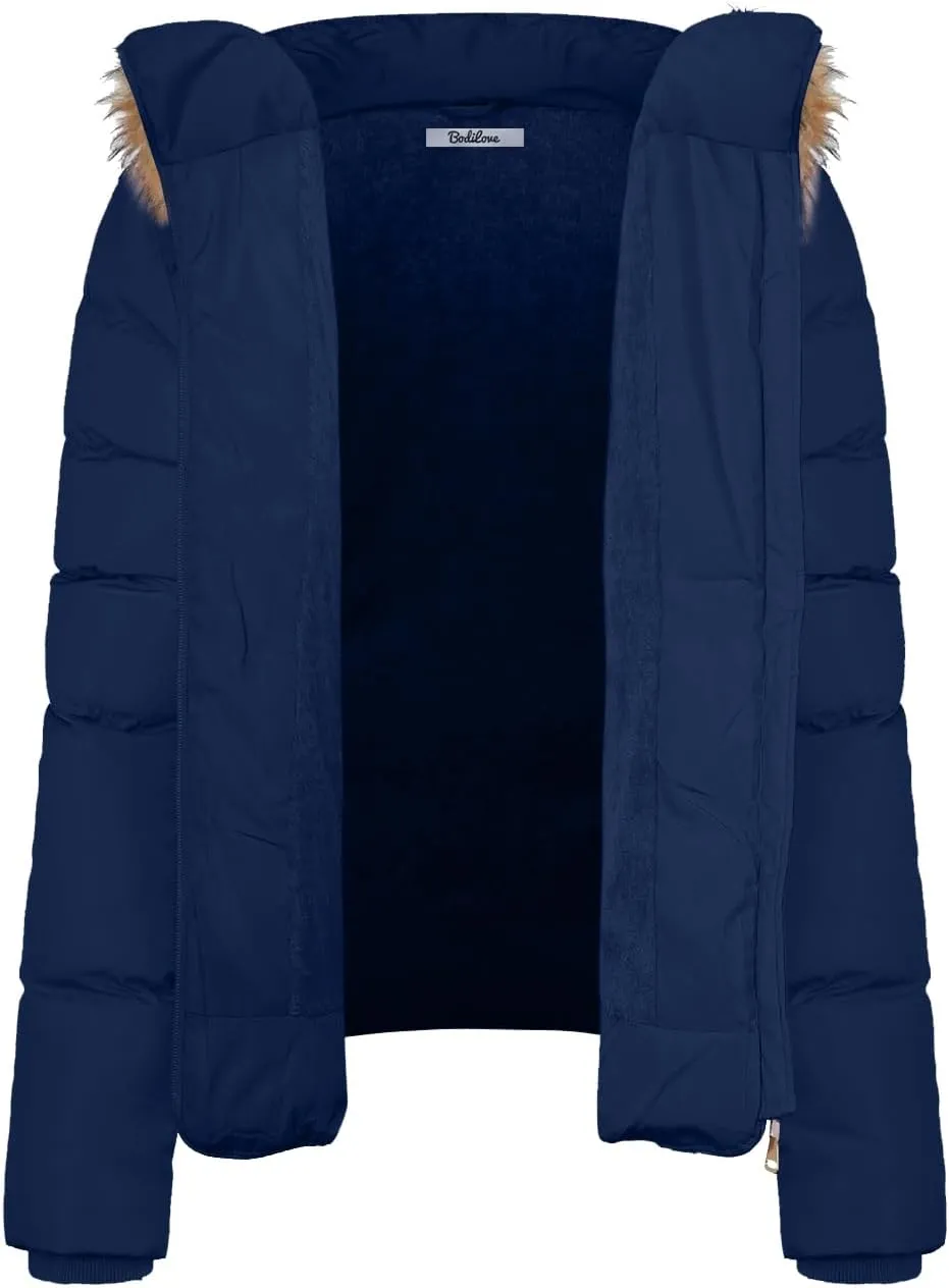 BodiLove Thickened Winter Puffer Jacket with Removable Faux Fur Hood Fleece Lining