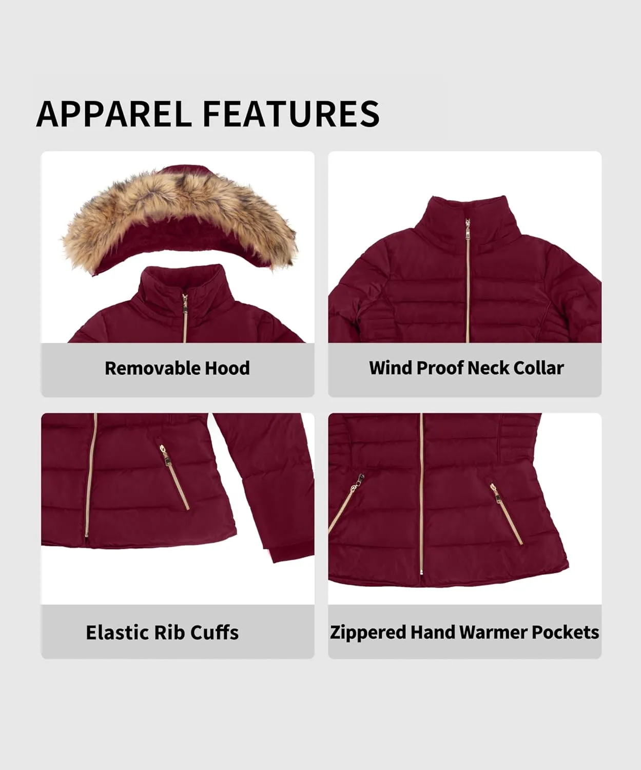 BodiLove Thickened Winter Puffer Jacket with Removable Faux Fur Hood Fleece Lining
