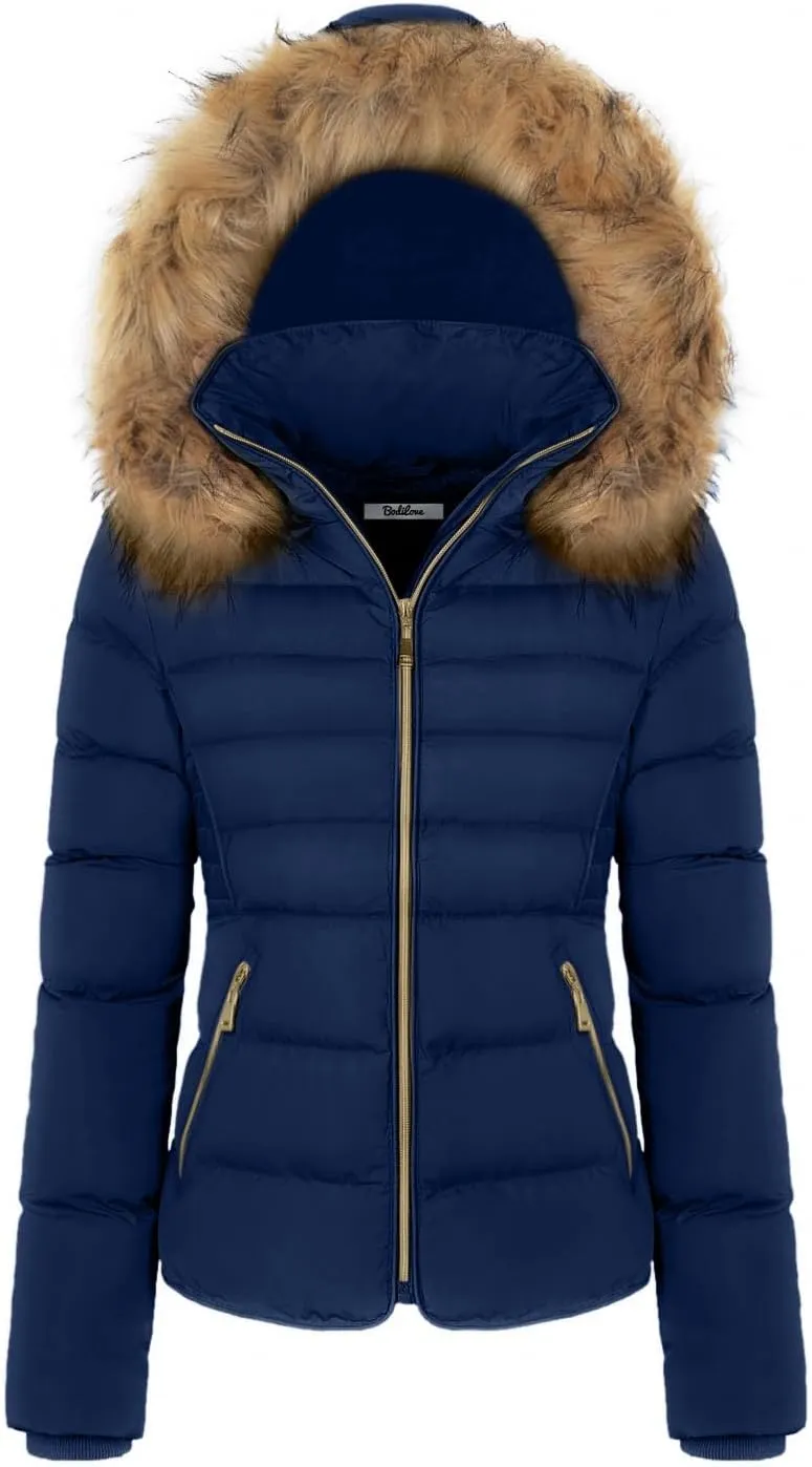 BodiLove Thickened Winter Puffer Jacket with Removable Faux Fur Hood Fleece Lining
