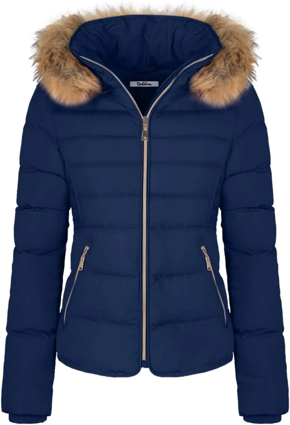 BodiLove Thickened Winter Puffer Jacket with Removable Faux Fur Hood Fleece Lining