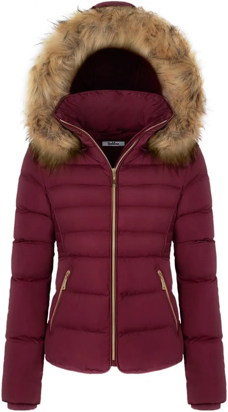 BodiLove Thickened Winter Puffer Jacket with Removable Faux Fur Hood Fleece Lining