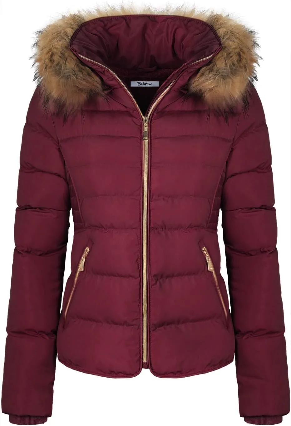BodiLove Thickened Winter Puffer Jacket with Removable Faux Fur Hood Fleece Lining