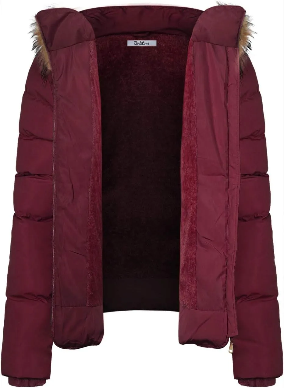 BodiLove Thickened Winter Puffer Jacket with Removable Faux Fur Hood Fleece Lining