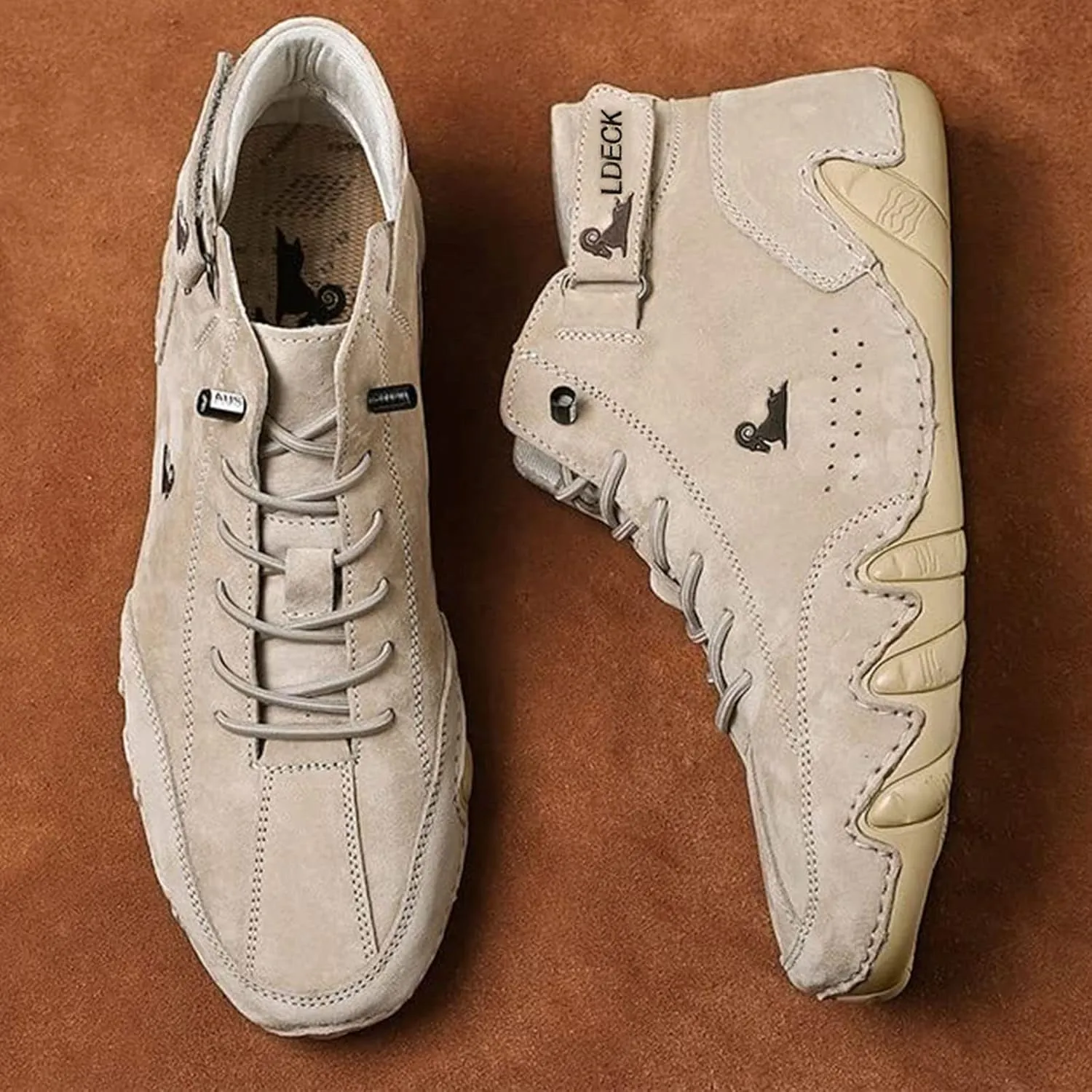 Braised Pork Italian Handmade Suede High Boots,Men's Soft Leather Casual Sneakers Non-Slip Breathable High Boots (US-8,Khaki)