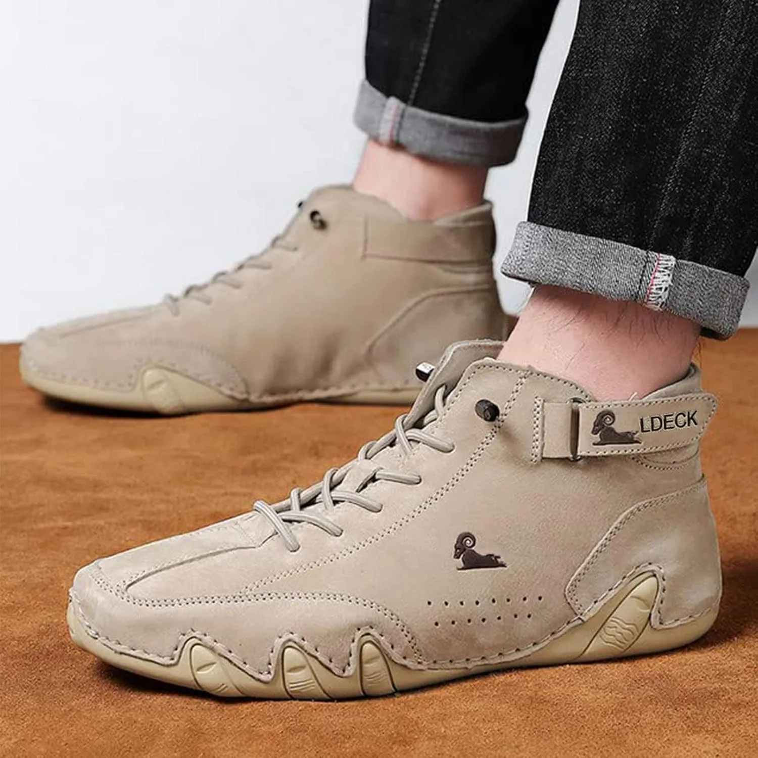 Braised Pork Italian Handmade Suede High Boots,Men's Soft Leather Casual Sneakers Non-Slip Breathable High Boots (US-8,Khaki)