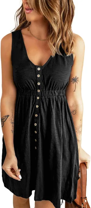 BTFBM Women Sleeveless Summer Dress 2025 Crewneck Ribbed Knit Ruffle Swing Button Down Beach Sun Mini Tank Short Dresses