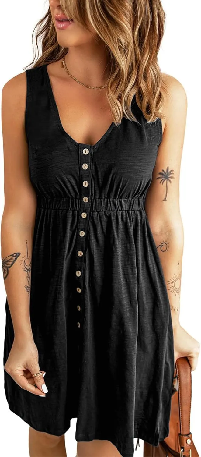 BTFBM Women Sleeveless Summer Dress 2025 Crewneck Ribbed Knit Ruffle Swing Button Down Beach Sun Mini Tank Short Dresses