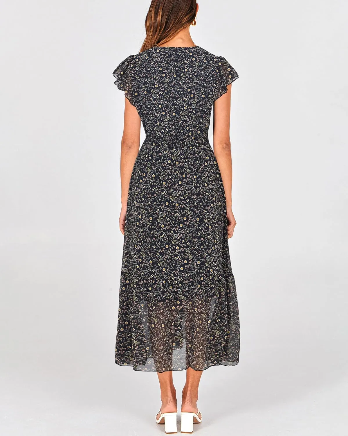 BTFBM Women Summer Bohemian Floral Casual Wrap V Neck Ruffle Cap Sleeveless Belt A-Line Pleated Hem Midi Sun Dress White