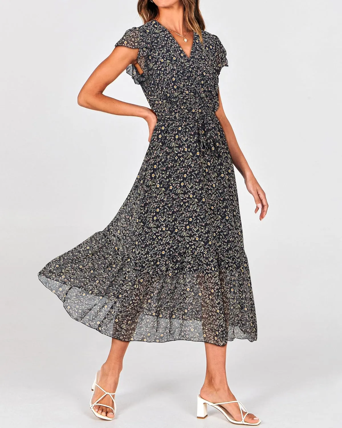 BTFBM Women Summer Bohemian Floral Casual Wrap V Neck Ruffle Cap Sleeveless Belt A-Line Pleated Hem Midi Sun Dress White