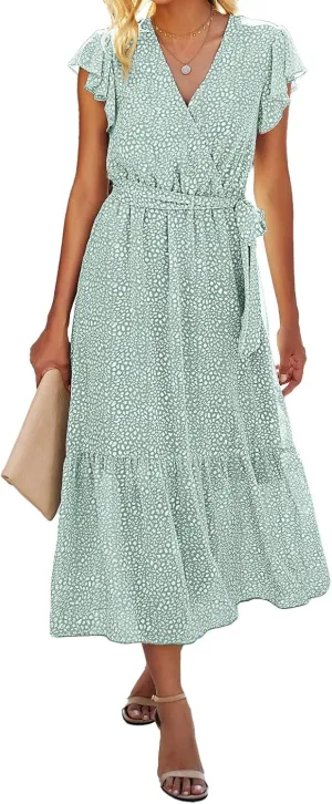 BTFBM Women Summer Bohemian Floral Casual Wrap V Neck Ruffle Cap Sleeveless Belt A-Line Pleated Hem Midi Sun Dress White