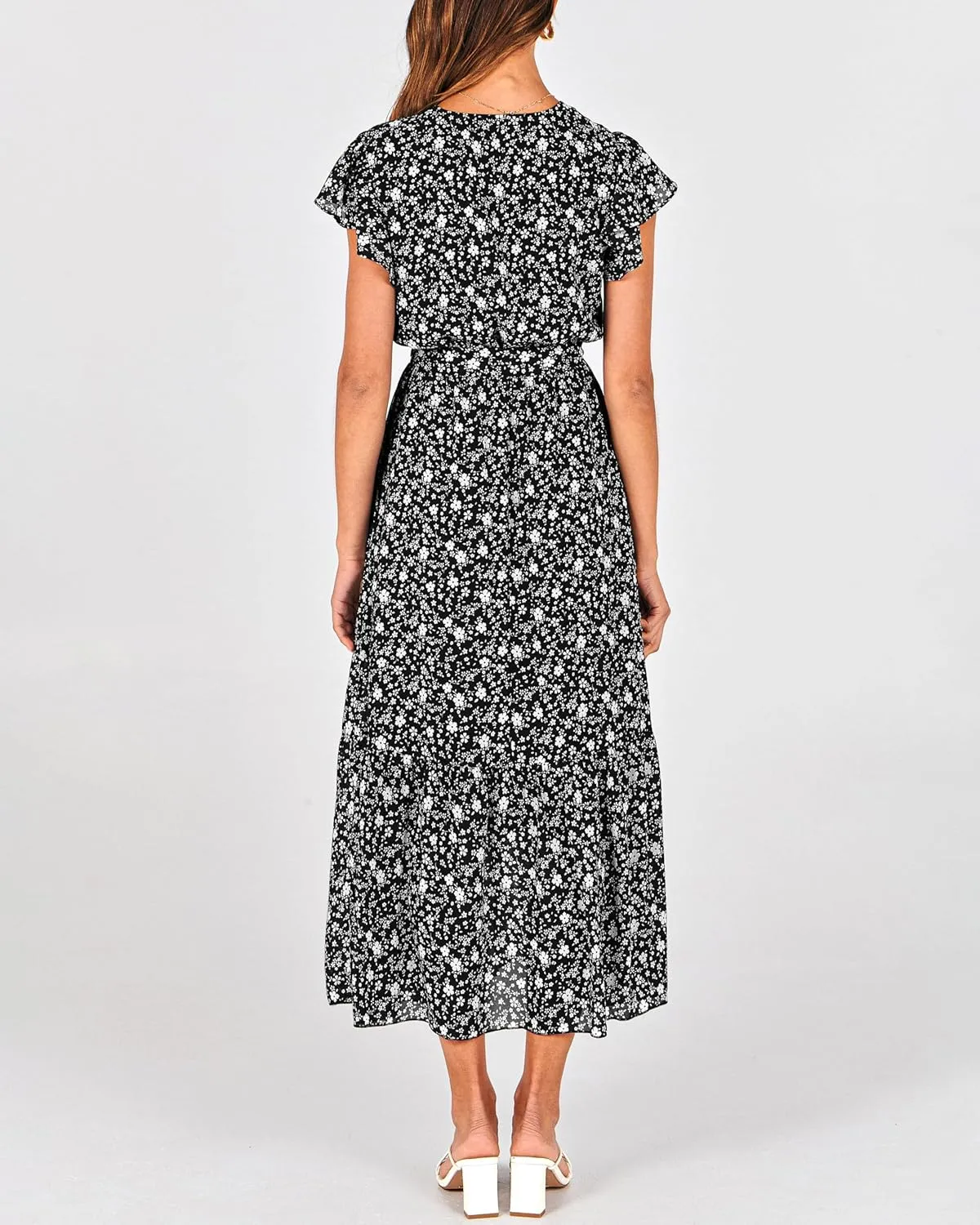 BTFBM Women Summer Bohemian Floral Casual Wrap V Neck Ruffle Cap Sleeveless Belt A-Line Pleated Hem Midi Sun Dress White