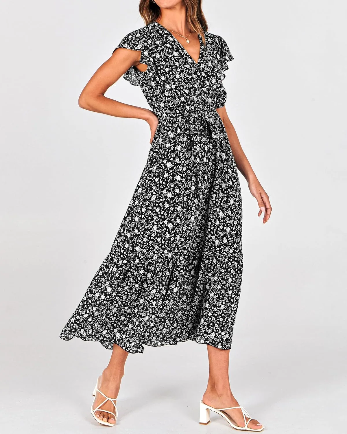 BTFBM Women Summer Bohemian Floral Casual Wrap V Neck Ruffle Cap Sleeveless Belt A-Line Pleated Hem Midi Sun Dress White