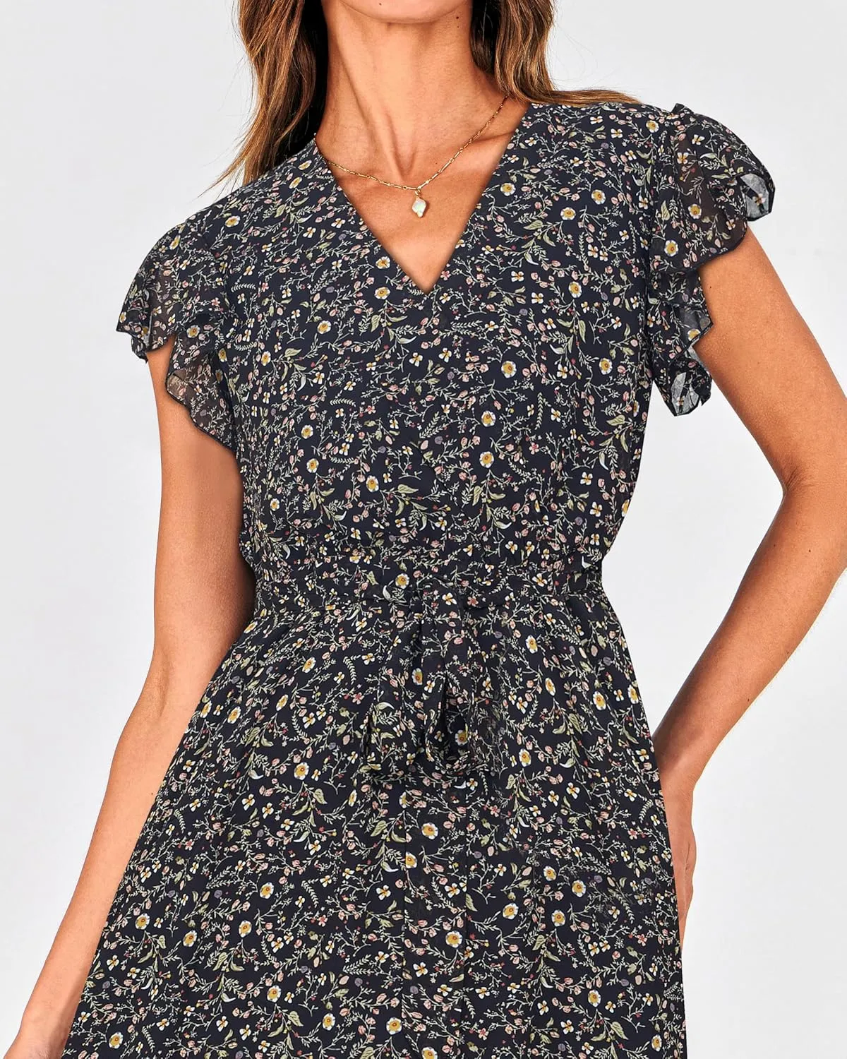 BTFBM Women Summer Bohemian Floral Casual Wrap V Neck Ruffle Cap Sleeveless Belt A-Line Pleated Hem Midi Sun Dress White