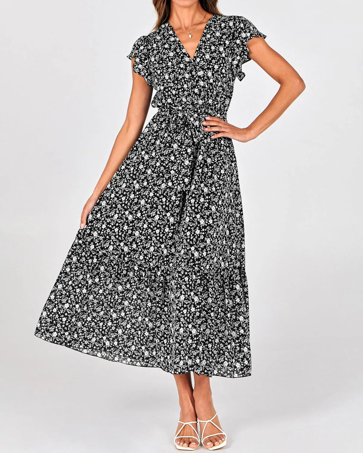 BTFBM Women Summer Bohemian Floral Casual Wrap V Neck Ruffle Cap Sleeveless Belt A-Line Pleated Hem Midi Sun Dress White