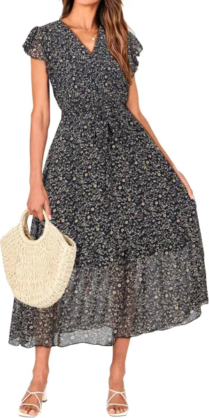BTFBM Women Summer Bohemian Floral Casual Wrap V Neck Ruffle Cap Sleeveless Belt A-Line Pleated Hem Midi Sun Dress White
