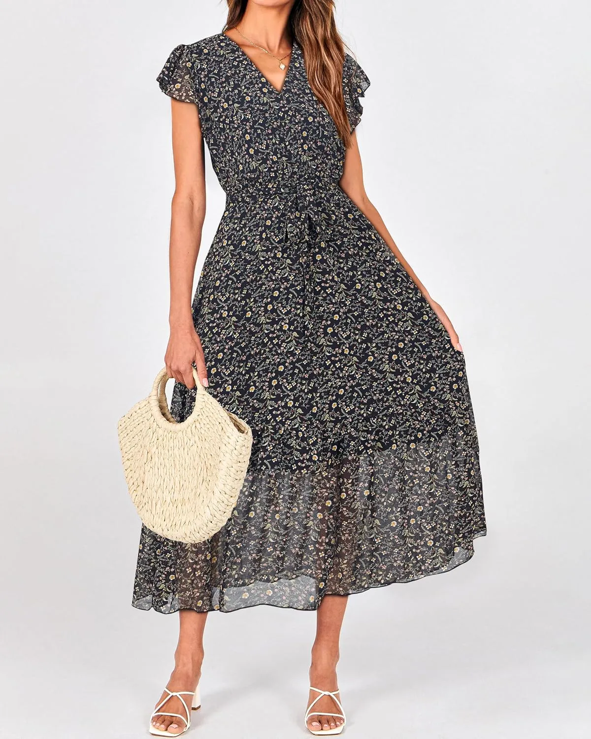 BTFBM Women Summer Bohemian Floral Casual Wrap V Neck Ruffle Cap Sleeveless Belt A-Line Pleated Hem Midi Sun Dress White