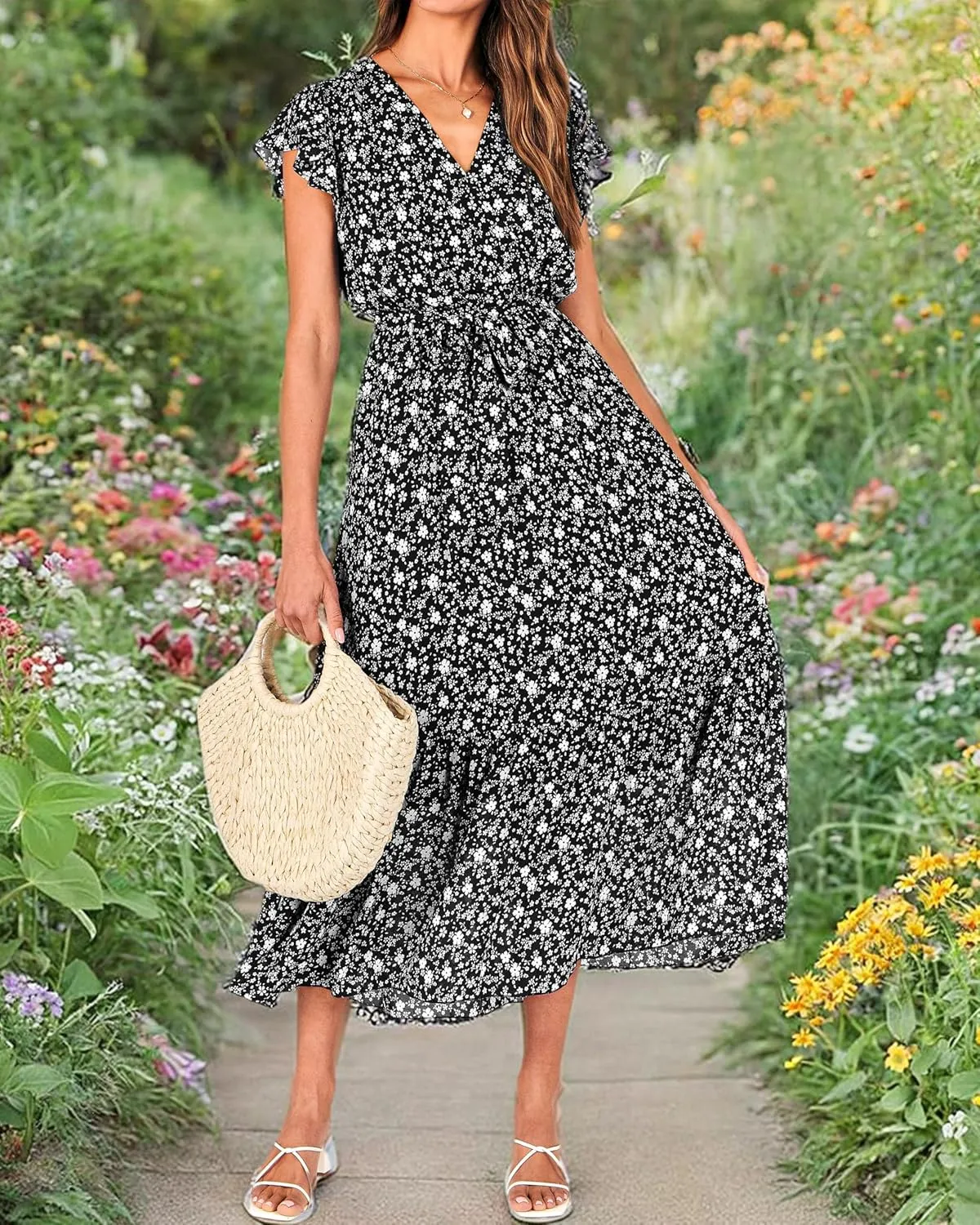 BTFBM Women Summer Bohemian Floral Casual Wrap V Neck Ruffle Cap Sleeveless Belt A-Line Pleated Hem Midi Sun Dress White