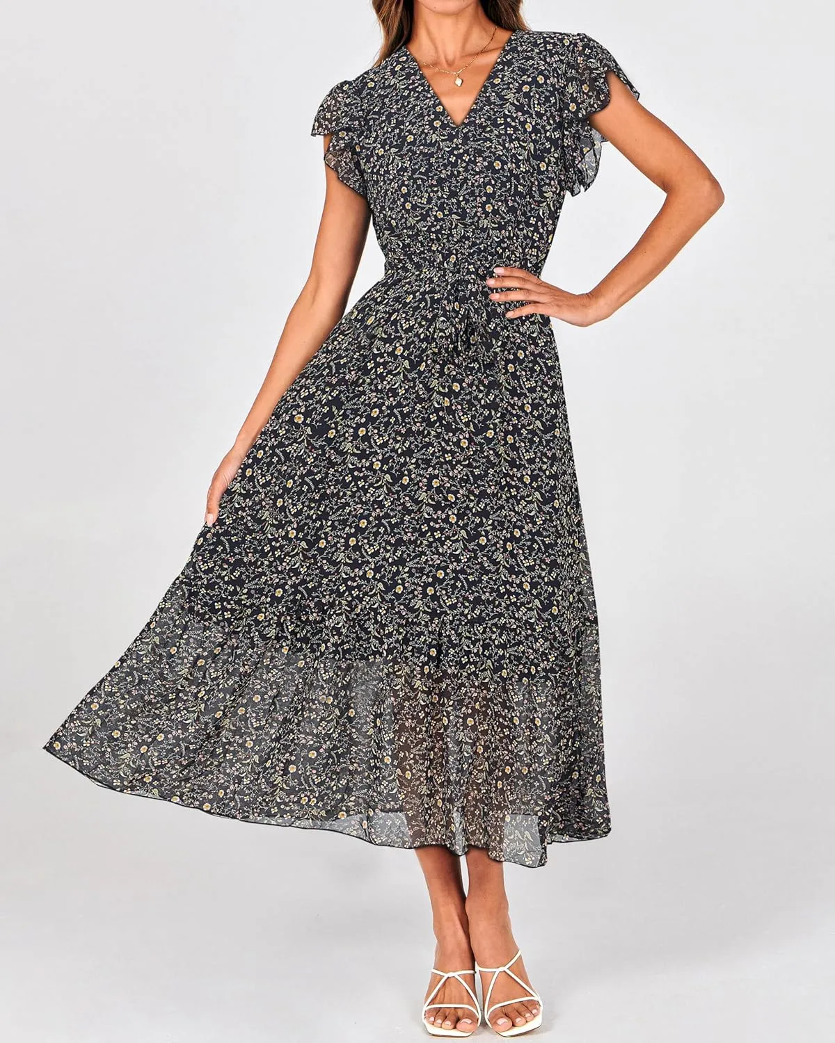 BTFBM Women Summer Bohemian Floral Casual Wrap V Neck Ruffle Cap Sleeveless Belt A-Line Pleated Hem Midi Sun Dress White