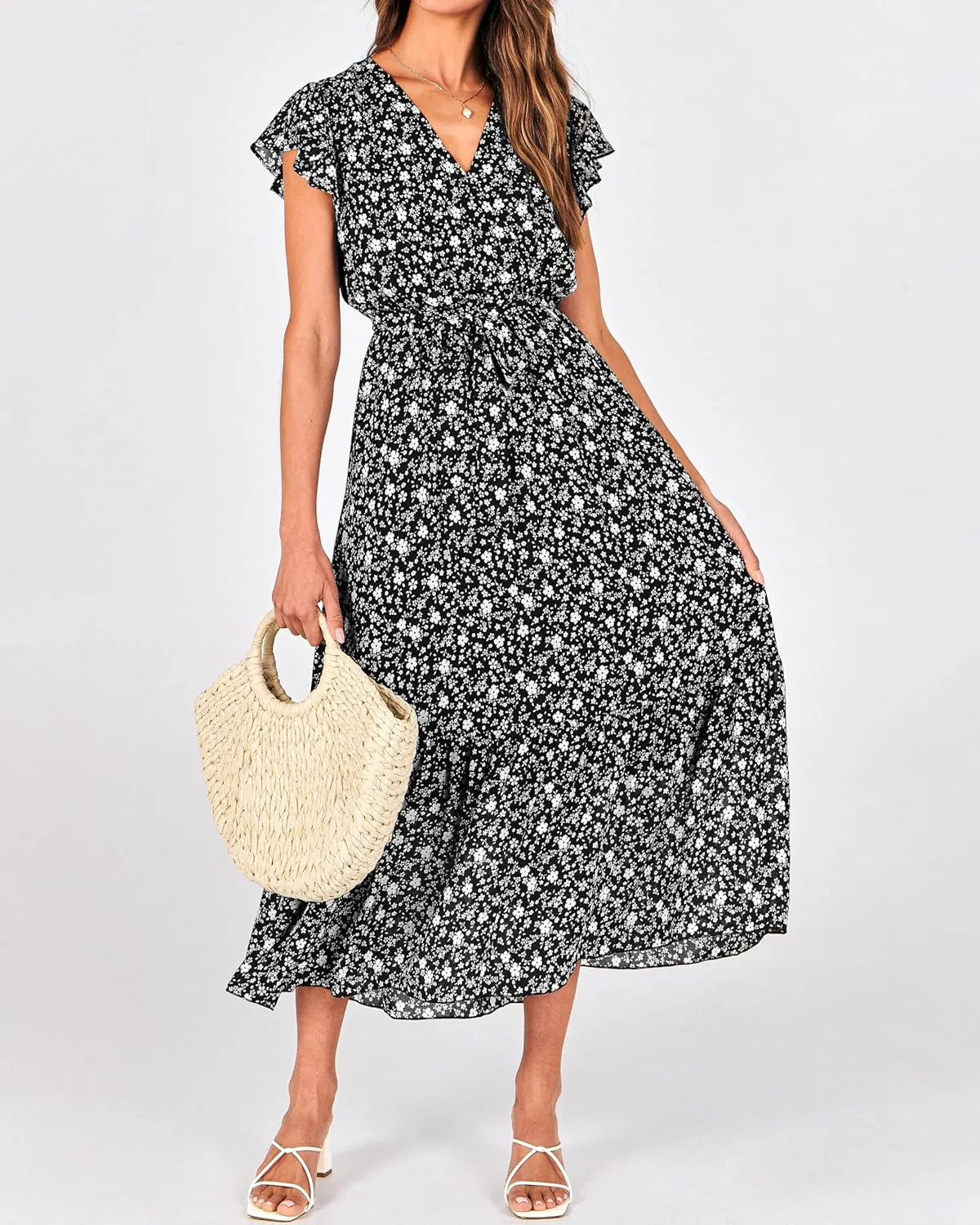 BTFBM Women Summer Bohemian Floral Casual Wrap V Neck Ruffle Cap Sleeveless Belt A-Line Pleated Hem Midi Sun Dress White