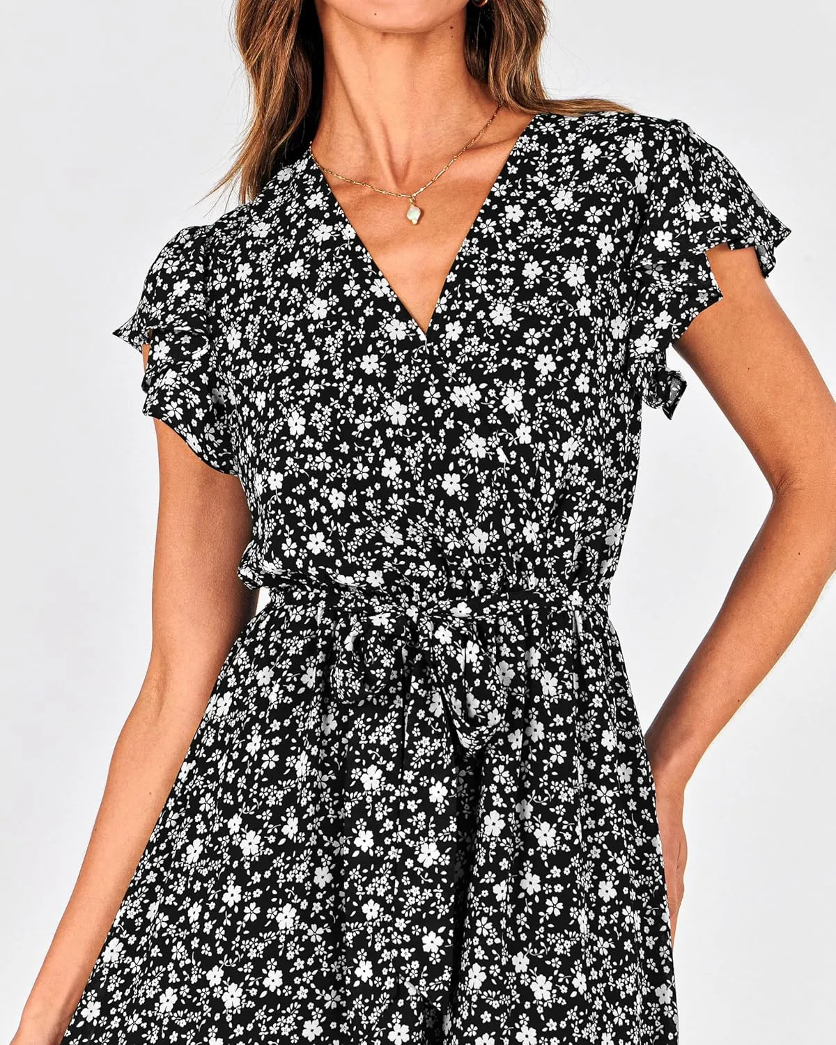 BTFBM Women Summer Bohemian Floral Casual Wrap V Neck Ruffle Cap Sleeveless Belt A-Line Pleated Hem Midi Sun Dress White