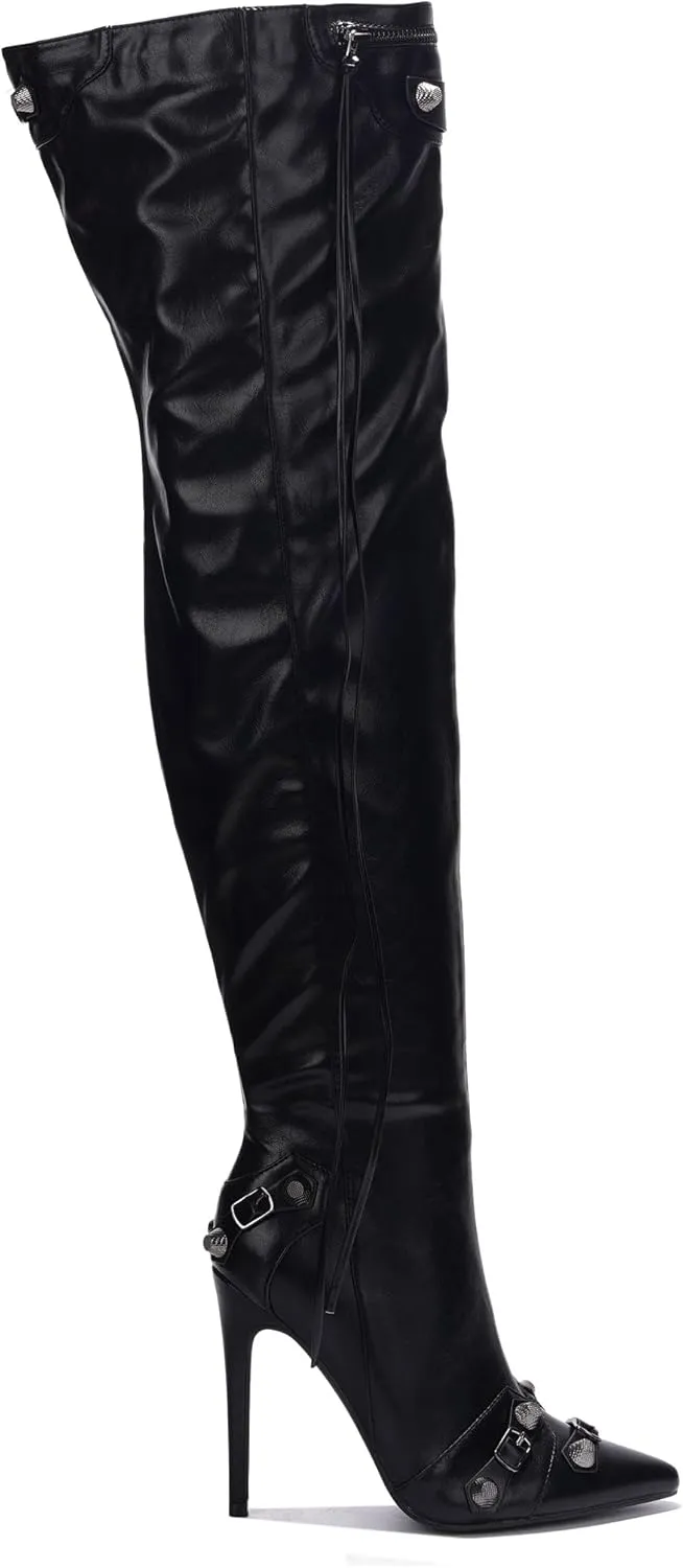 Cape Robbin Women's Over the Knee Boots Pointed Toe Rivets Tassels Stilettos High Heel Long Boots Thigh High Boots