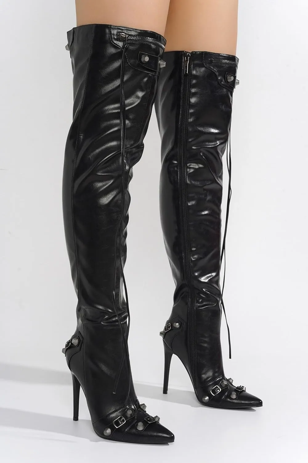 Cape Robbin Women's Over the Knee Boots Pointed Toe Rivets Tassels Stilettos High Heel Long Boots Thigh High Boots