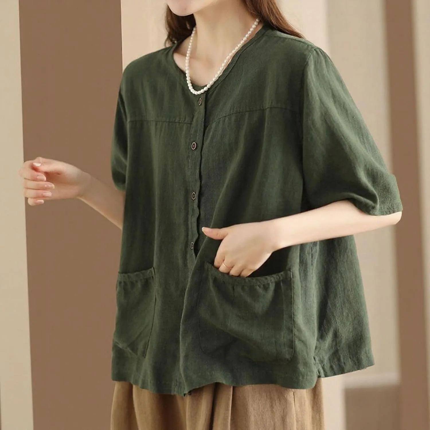 Casual Tops for Women 2025 Summer Batwing Half Sleeve Linen Shirts Plus Size Crewneck Blouse Solid Color Basic Top