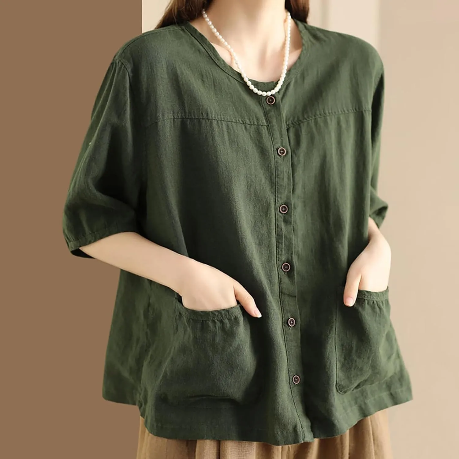 Casual Tops for Women 2025 Summer Batwing Half Sleeve Linen Shirts Plus Size Crewneck Blouse Solid Color Basic Top