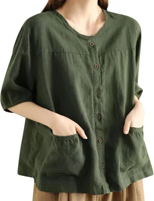 Casual Tops for Women 2025 Summer Batwing Half Sleeve Linen Shirts Plus Size Crewneck Blouse Solid Color Basic Top