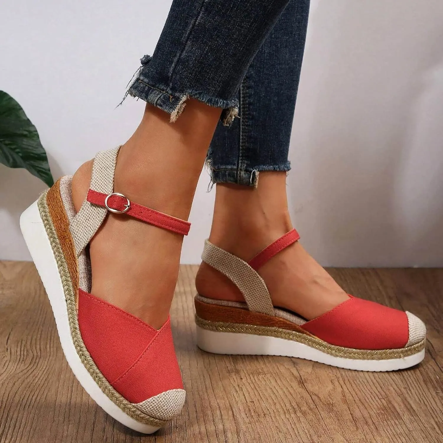 Closed Toe Sandals Women Comfortable Orthopedic Wedge Sandals for Women Dressy Summer Espadrilles Platform Wedges Anti Slip Casual Boho Shoes Buckle Ankle Strap Walking Beach Sandals
