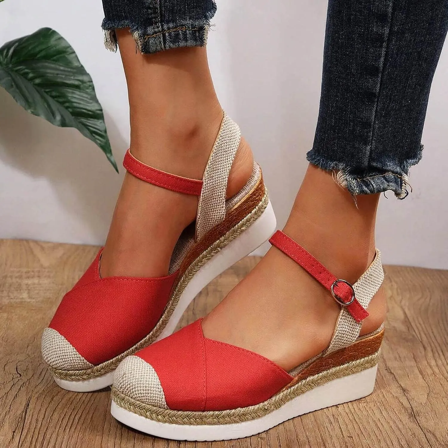 Closed Toe Sandals Women Comfortable Orthopedic Wedge Sandals for Women Dressy Summer Espadrilles Platform Wedges Anti Slip Casual Boho Shoes Buckle Ankle Strap Walking Beach Sandals