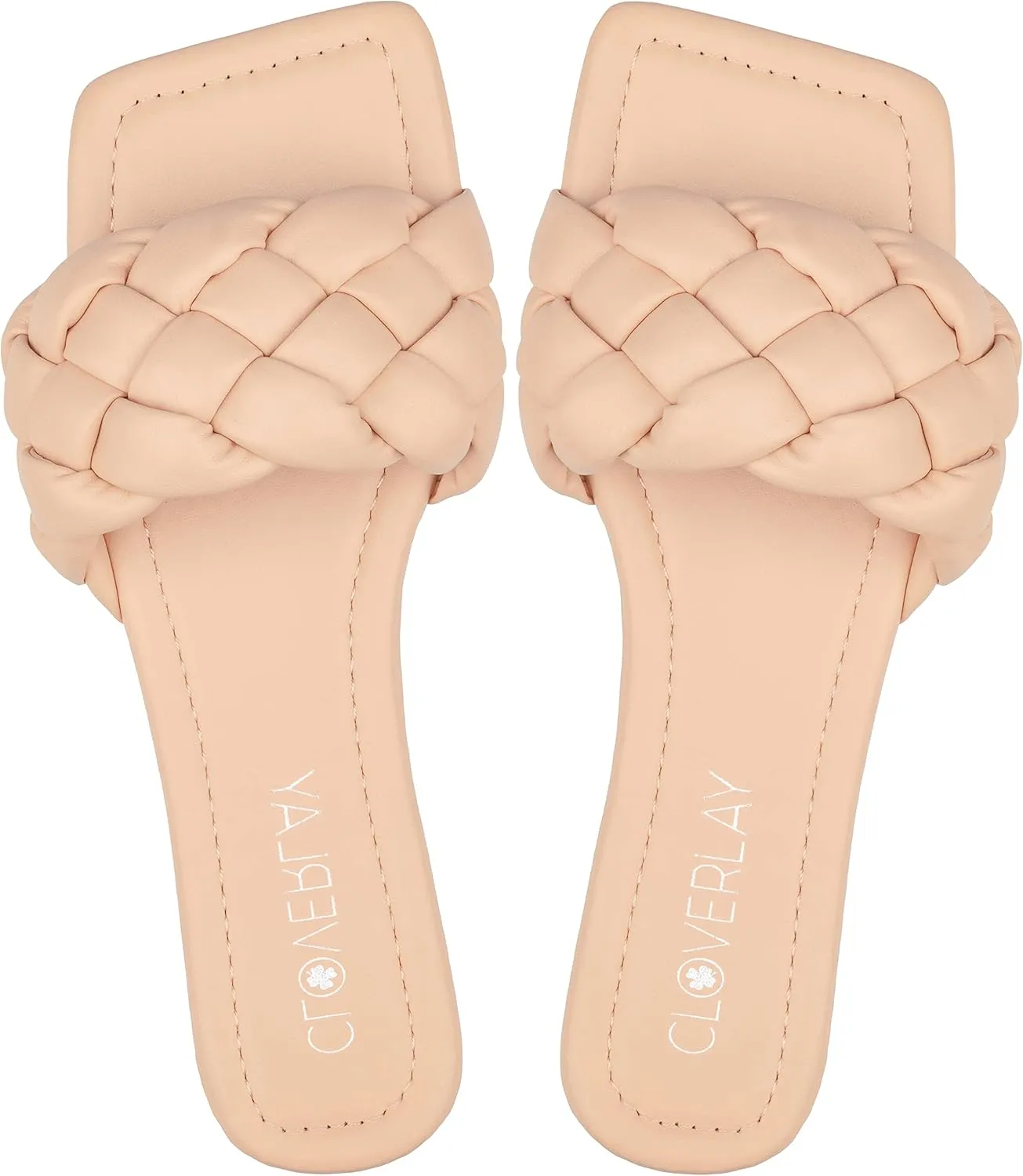 CLOVERLAY Yara Women's Square Open Toe Slides Braided Woven Single Band Slip on Flat Sandals