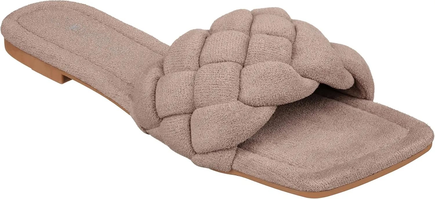 CLOVERLAY Yara Women's Square Open Toe Slides Braided Woven Single Band Slip on Flat Sandals