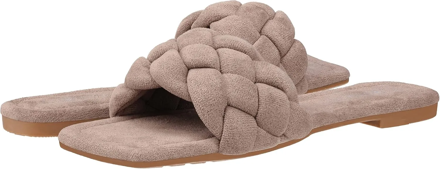 CLOVERLAY Yara Women's Square Open Toe Slides Braided Woven Single Band Slip on Flat Sandals