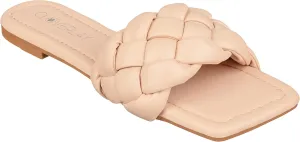 CLOVERLAY Yara Women's Square Open Toe Slides Braided Woven Single Band Slip on Flat Sandals