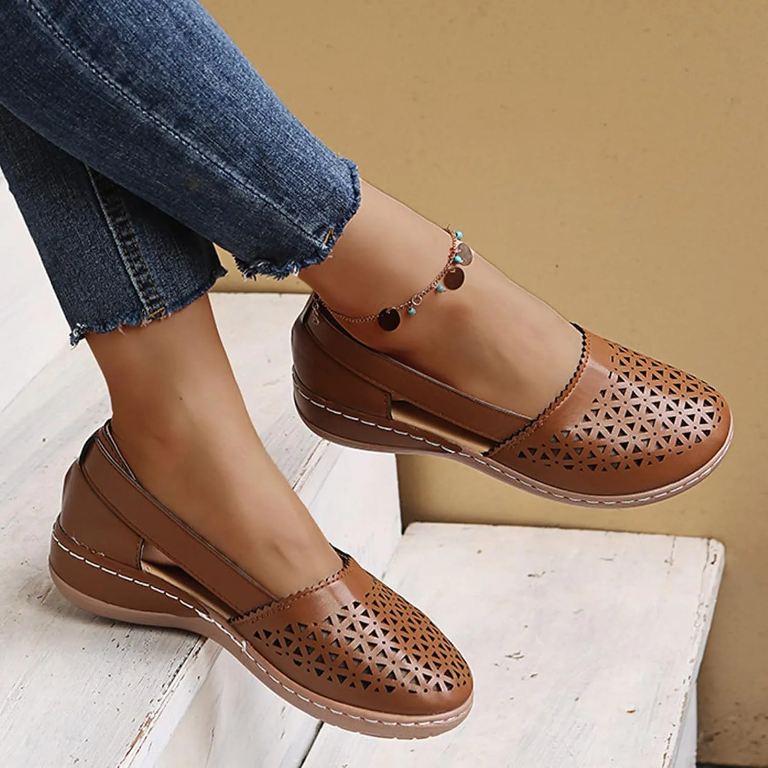 Comfortable Platform Sandals for Women Solid Round Head Closed Toe Hollow Out Breathable Slip-on Casual Shoes Summer Lightweight Wedge Sandalias